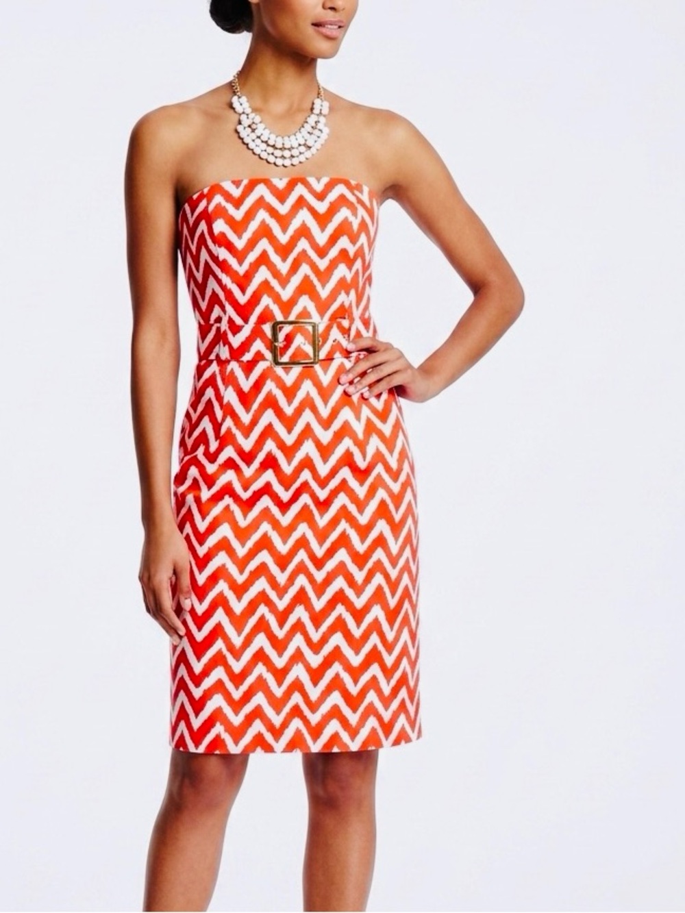 MILLY Strapless Red & White Zigzag Midi Dress w Stretch & Belted Waist